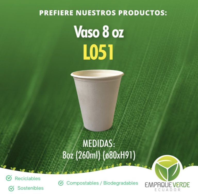 Vaso estándar 8oz biodegradable de bagazo de caña - Empaque Verde Ecuador