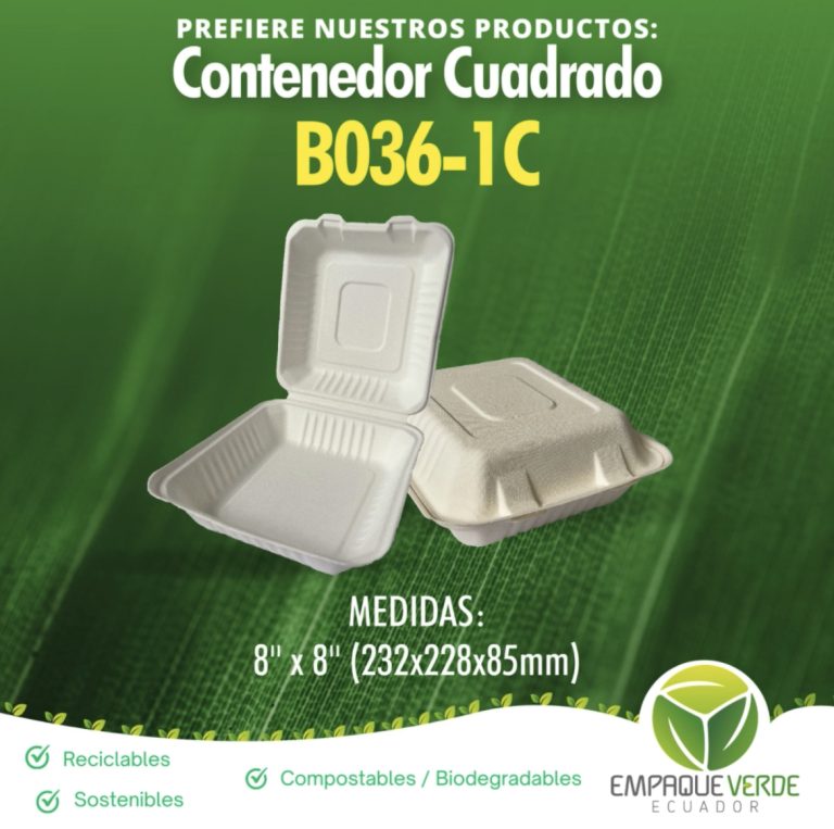 Contenedor cuadrado grande 8x8 biodegradable de bagazo de caña delivery - Empaque Verde