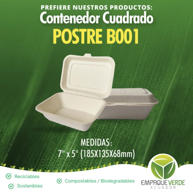 Contenedor rectangular mediano 7x5 biodegradable bagazo de caña - Empaque Verde